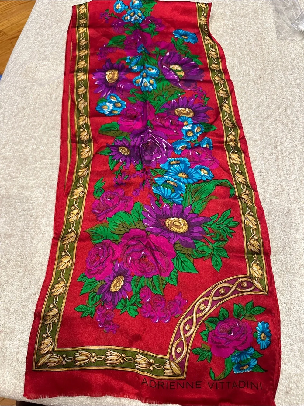 Adrienne Vittadini Red Floral Hair Scarf with Purple, Blue and Green Accents
